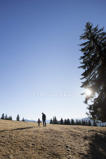 Uomo maturo e figlia minore che cammina sulla collina, Tegernsee, Baviera, Germania — Foto stock