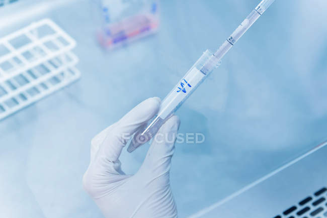 Cancer research laboratory, hands of male scientist dispensing cells with an electronic pipette — Stock Photo