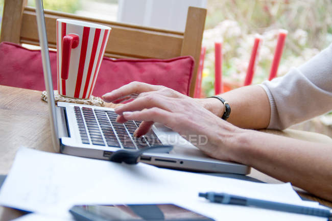 Close up de maduras mãos femininas usando laptop na cozinha — Fotografia de Stock