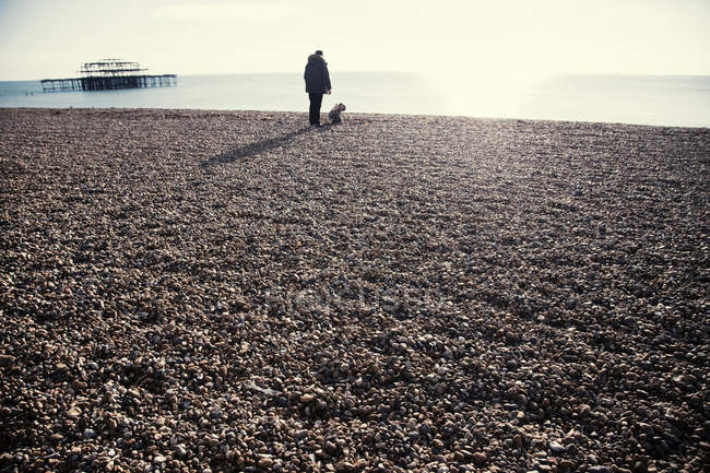 Vista silhueta do cais de Brighton e homem com a filha da criança na praia, Brighton, Sussex, Reino Unido — Fotografia de Stock