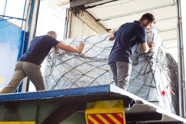 Trabajadores empujando carga en contenedor de carga aérea - foto de stock
