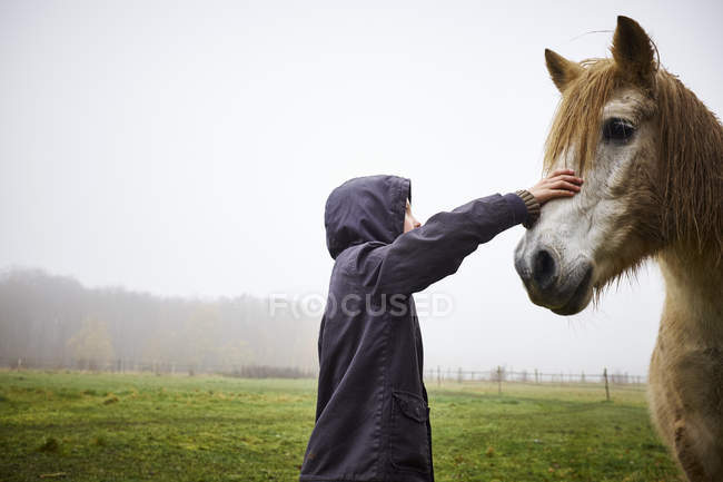 Garçon caressant cheval dans la prairie verte brumeuse, vue de côté — Photo de stock