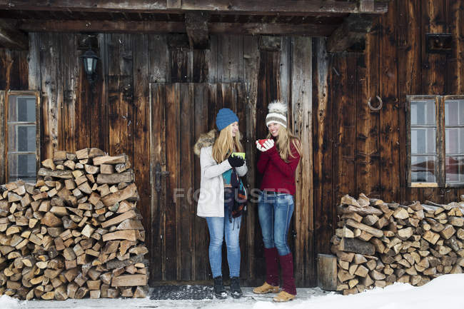 Due giovani amiche che chiacchierano fuori dalla cabina di legno — Foto stock