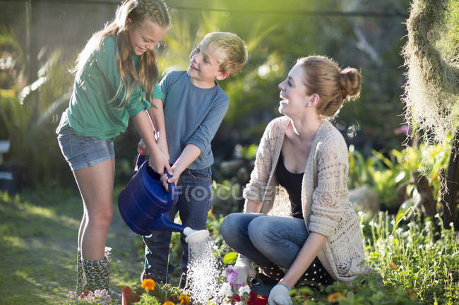Братья и сестры поливают растения на участке — стоковое фото