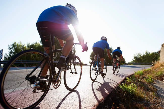 Низький кут зору на велосипедистів, що їдуть по дорозі, вид ззаду — стокове фото