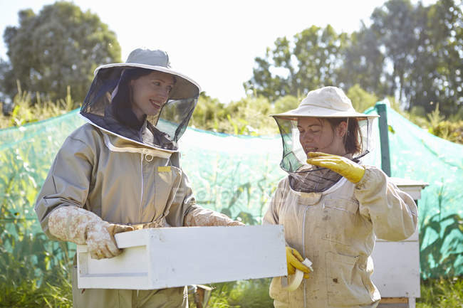 Two female beekeepers chatting on city allotment — Stock Photo
