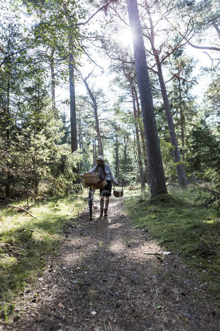 Femme vélo sur le sentier forestier avec paniers de recherche de nourriture — Photo de stock