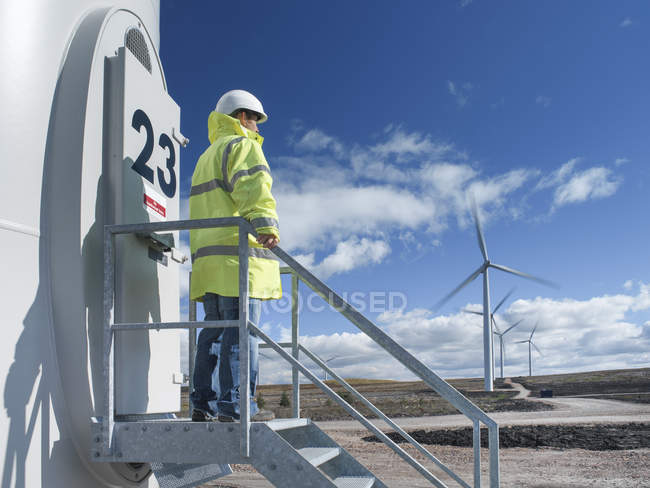 Engenheiro em pé na escada do parque eólico — Fotografia de Stock