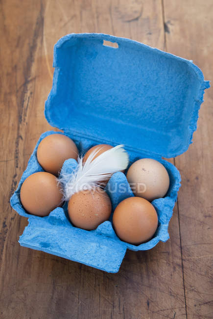Натюрморт из шести коричневых яиц в открытой синей коробке — стоковое фото