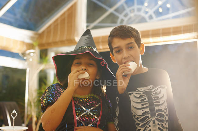 Irmão e irmã vestindo trajes de Halloween comendo marshmallows — Fotografia de Stock