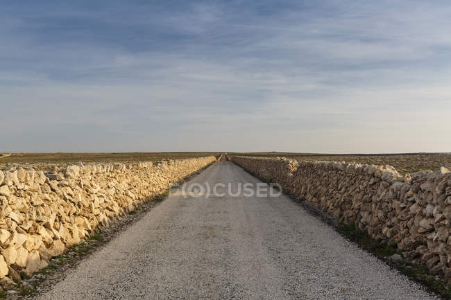 Vista de estrada rural reta entre paredes de pedra seca, Menorca, Espanha — Fotografia de Stock