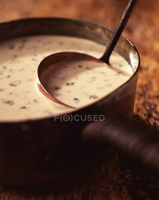 Mushroom cream soup with ladle in vintage saucepan — Stock Photo