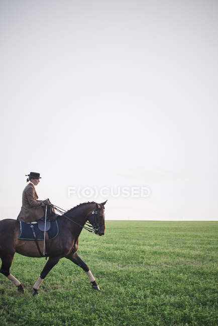 Woman riding dressage horse in field — Stock Photo