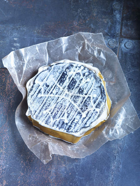 Vista dall'alto di un formaggio di capra su tavolo in metallo — Foto stock