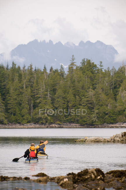 Kayakers en lago rural - foto de stock
