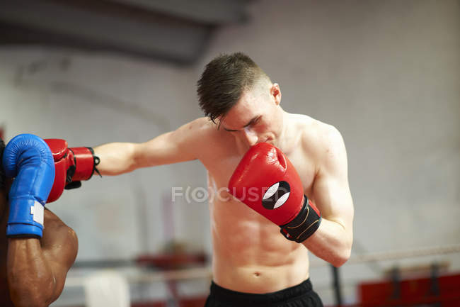 Dois pugilistas lutando no ringue de boxe — Fotografia de Stock