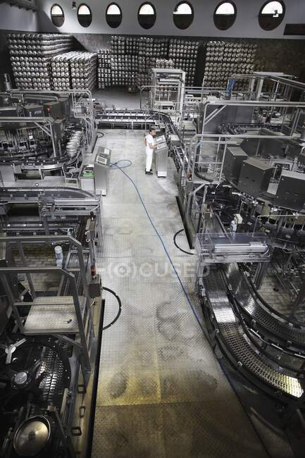 Worker and machinery in a brewery — Stock Photo