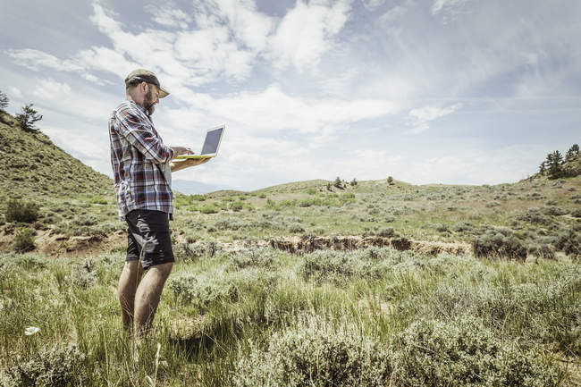 Man typing on laptop selfie in landscape, Bridger, Montana, Estados Unidos - foto de stock