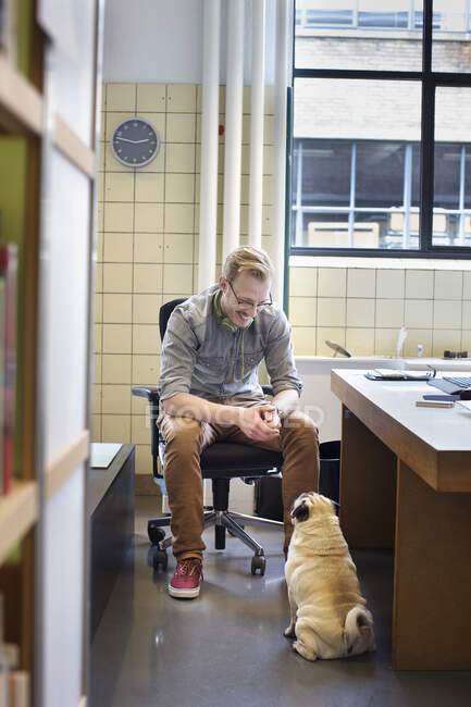 Young man looking down at cute dog from office desk — Stock Photo