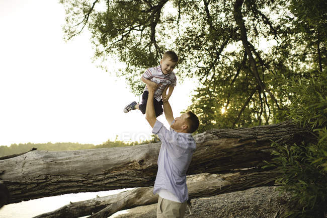 Отец помогает сыну прыгать из ствола дерева на озере Онтарио, Ошава, Канада — стоковое фото