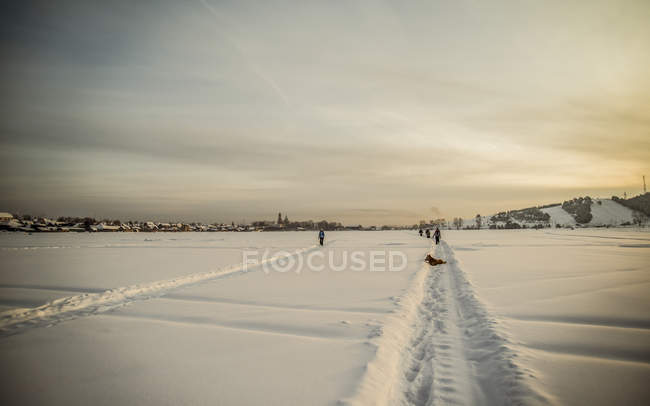 Paisaje cubierto de nieve al atardecer, Rusia - foto de stock