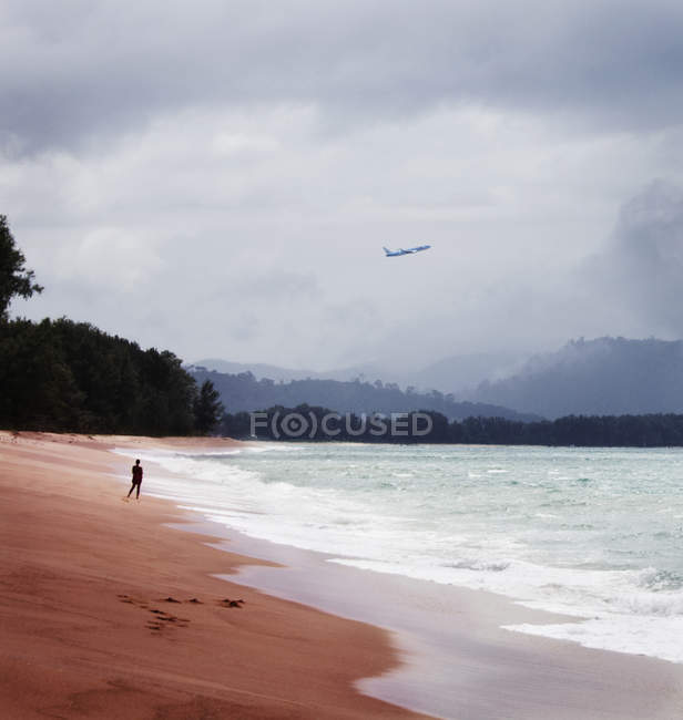 Літак літає над тропічним пляжем — стокове фото