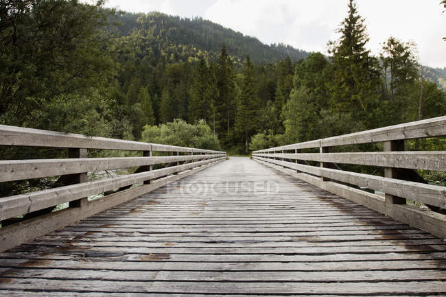 Veduta panoramica del ponte pedonale in legno, Sylvensteinspeicher, Baviera, Germania — Foto stock