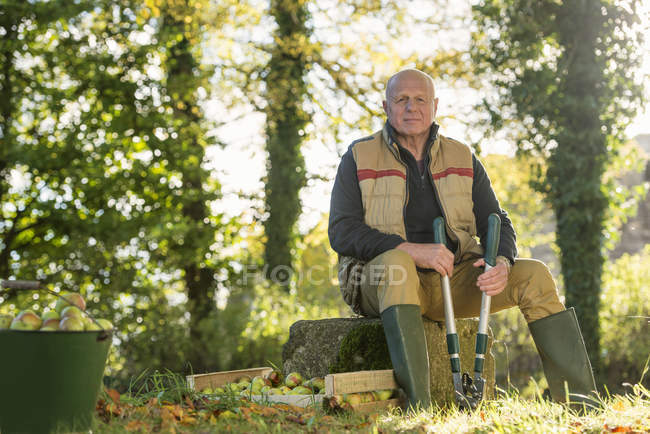Portrait of senior man holding pruner — Stock Photo
