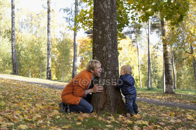 Pai e filho brincando no fundo da árvore — Fotografia de Stock
