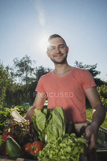 Jardineiro com caixa de legumes frescos — Fotografia de Stock