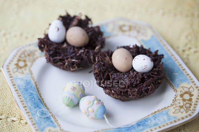 Шоколадные пасхальные яйца в шоколадных гнездах на тарелке — стоковое фото