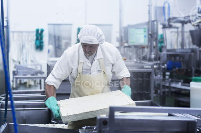 Работник мужского пола, работающий на фабрике органического тофу — стоковое фото