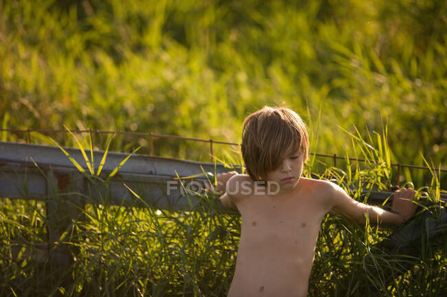 Niño apoyado en la valla en el campo - foto de stock