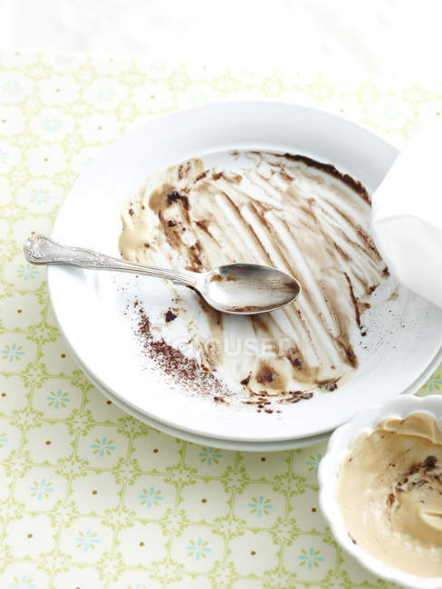 Assiette et bol avec restes de crème au chocolat — Photo de stock