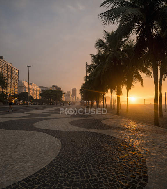 Bürgersteig und Palmen, Copacabana-Strand im Morgengrauen, Rio de Janeiro, Brasilien — Stockfoto