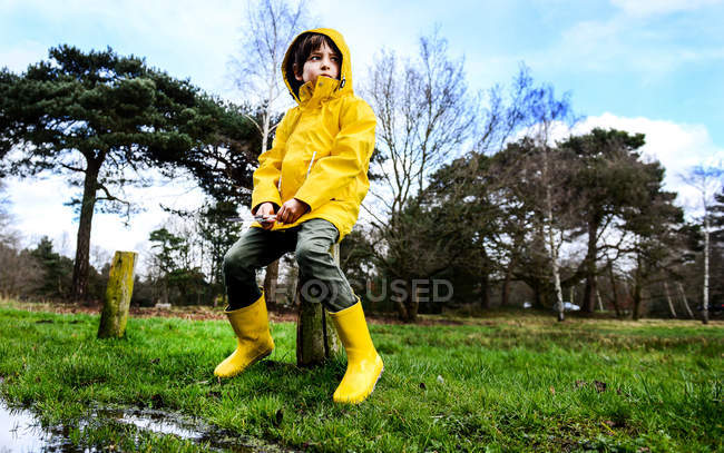 Niño en anorak amarillo sentado en el parque fencepost - foto de stock