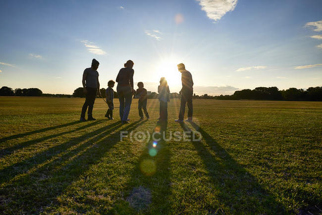 Families with children out walking in sunny park — Stock Photo