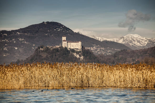 Cañas y Castello di Angera, Lago Mayor, Italia - foto de stock