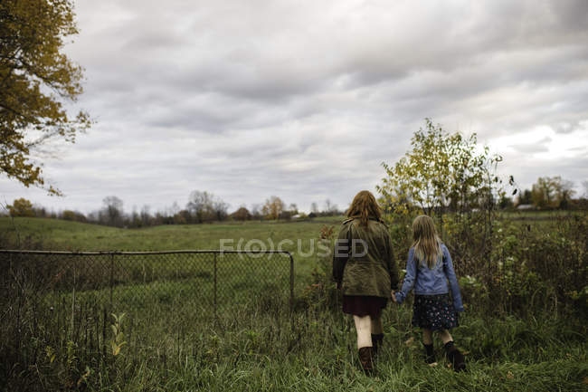 Мати і дочка, тримаючись за руки, ходити в лузі, Perm, Онтаріо, — стокове фото
