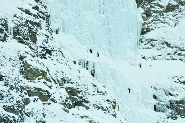 Escaladores de hielo que se preparan para escalar el muro de llanto, cascada congelada, Canmore, Canadá - foto de stock
