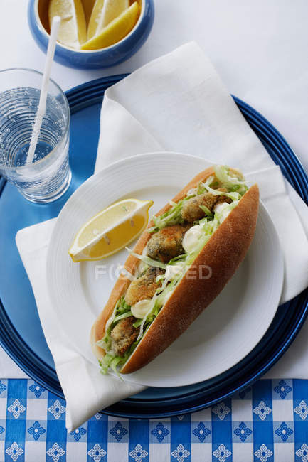 Sándwich de pescado frito en plato - foto de stock
