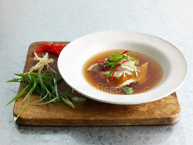 Cuenco de sopa de pescado y verduras - foto de stock