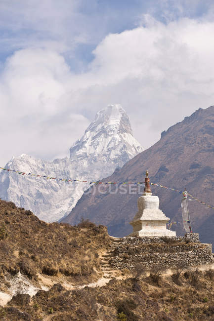 Prayer flags and ornament on hillside — Stock Photo