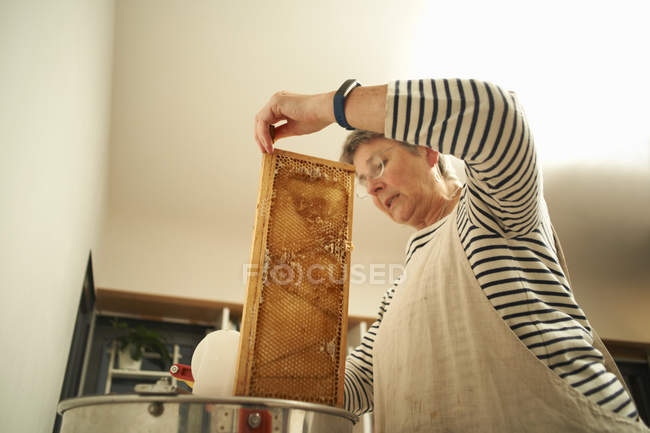 Apicultora senior raspando panal de abeja en una cacerola de cocina - foto de stock