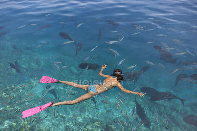 Mediados de la mujer adulta haciendo snorkel viendo peces - foto de stock