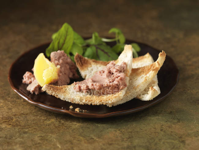 Chicken liver parfait with calvados on bread toasted crumbs — Stock Photo