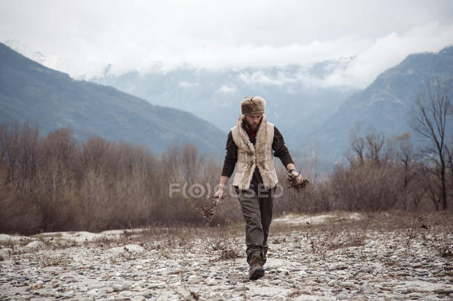 Homme adulte moyen ramassant du bois de chauffage — Photo de stock