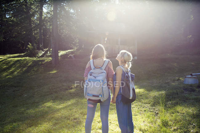 Vue arrière de deux amies dans la clairière forestière, Sattelbergalm, Tyrol, Autriche — Photo de stock