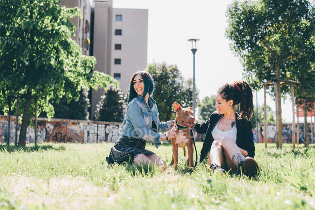 Two young women sitting with pit bull terrier in urban park — Stock Photo