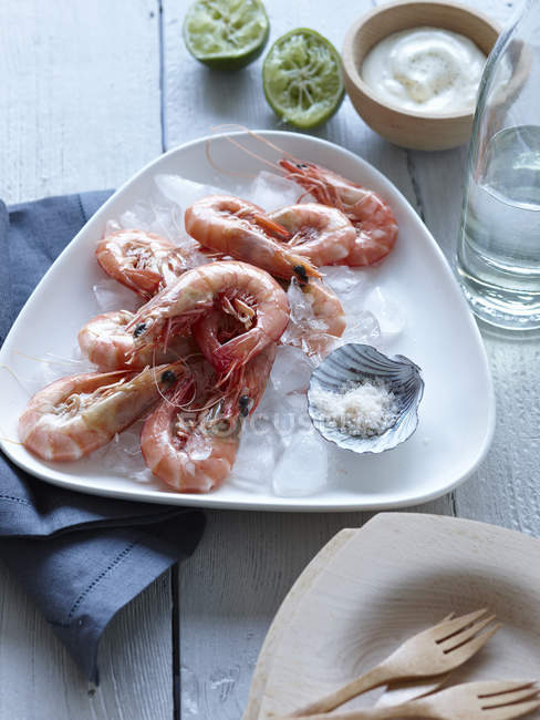 Plate of prawns on crashed ice on table — Stock Photo